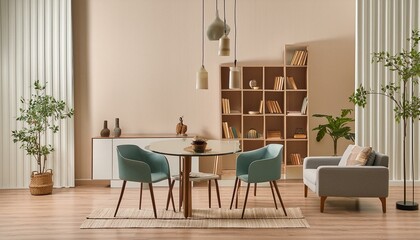 Fototapeta premium Luxury home living room interior with table and chairs, shelf and mockup wall