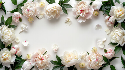 White peony flowers with green leaves on white background top view. Elegant Peony Frame With Ample Space On White Background. white peony flowers, green leaves, white background, top view,