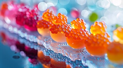 Molecular gastronomy, caviar spheres, sophisticated presentation, closeup , vibrant color