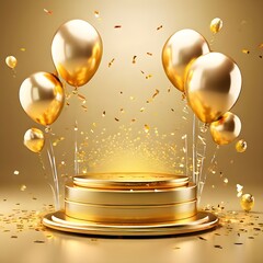 podium birthday balloons gold background product festive gold stand platform winner stage, Ai Generated