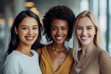 Obraz premium Portrait of happy multiracial friends embracing and smiling