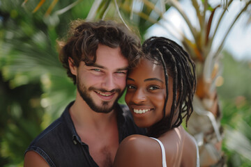 Interracial couple having fun outdoors, young African American woman and a handsome man smiling