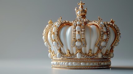 Front View of Golden Crown on Gray Background, Elegant Design, No Shadow Under Coin

