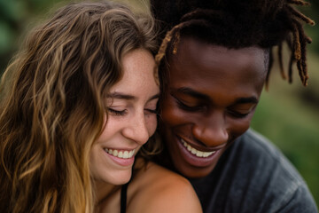Interracial couple having fun outdoors, young African American man and a beautiful woman smiling - Powered by Adobe