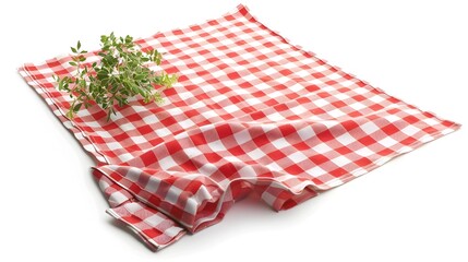Checkered Picnic Blanket with Fresh Greenery on White Background