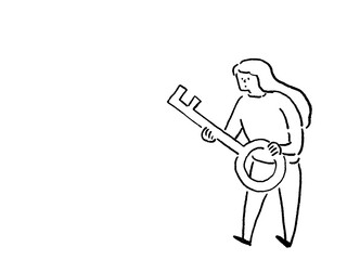 大きな鍵を持った女性の全身、線画
