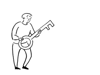 大きな鍵を持った男性の全身、線画
