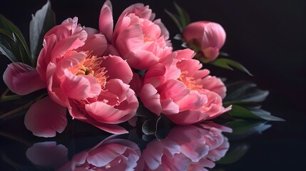 Luxurious Bright Pink Peony Flowers Resting on Mirrored Surface Against Solid Black Background