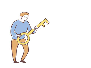 大きな鍵を持った男性の全身、線画