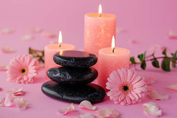 Obraz na płótnie Canvas Zen black stones, flowers and aromatic candles on pink table. Spa still life