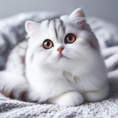 A cute and adorable white cat with hopeful eyes, soft fur, and chubby cheeks