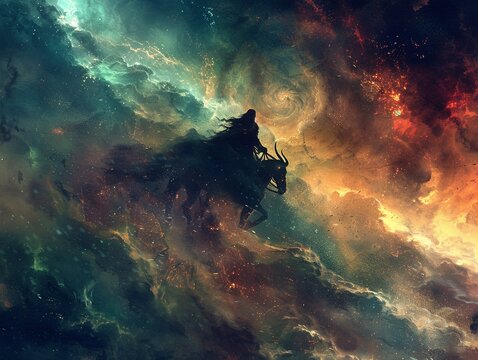 Odin riding Sleipnir across the vivid Northern skies, eightlegged silhouette , Stable Diffusion