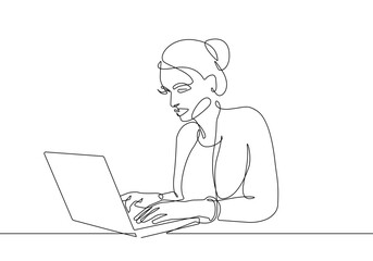 Businesswoman with Laptop Continuous Line Drawing. Abstract Female Drawing One Line Style. Minimalist Business Concept, Woman Line Drawing. Female Modern Contemporary Portrait. Vector EPS 10