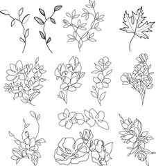 Flowers and Leaves Line Art Vector Illustrations Set for Prints, Social Media, Icons. Floral Templates Minimalist Style. Set of Abstract Flowers in Line Style. Hand Drawn Doodle Template Collection