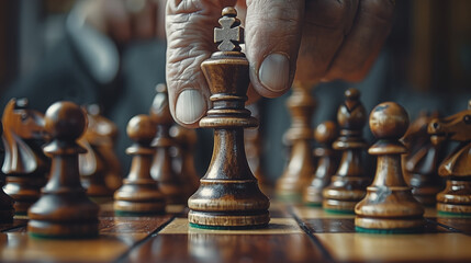 Vintage wooden chess pieces in strategic formation on old chessboard. Ornate king figure in focus with blurred background. Concept of classic gameplay, tactics and intellectual challenge.