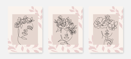Set of Wall Art Boho Prints with Line Art Drawing of Woman Face and Flowers. Line Art Template with Female Portrait for Trendy Minimalistic Design.  Hand Drawn Vector Sketch Female Face Prints Set.