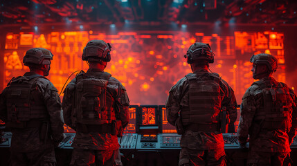 Elite soldiers in tactical gear monitoring digital war room display screens. Military operators analyzing data on futuristic combat command center terminals. 