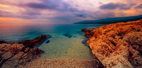 summer coast in Croatia, wonderful sunset view, Rabac resort, Istria, Croatia, Europe	