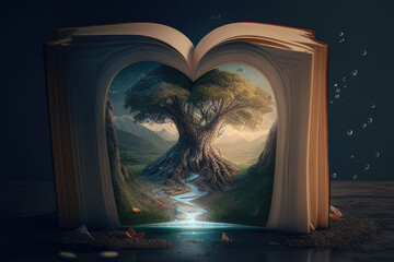 Open book with magic tree and Fantasy landscape. Magic book, fairy tale. Book of fairy tales. Book with magical stories and adventures. Fantastic reading world. Reading and imagination. World Book Day