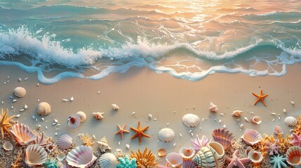 Colorful Seashells and Starfish on Beach,A scenic beach with colorful seashells and starfish scattered on the sand, touched by gentle waves at sunset.

