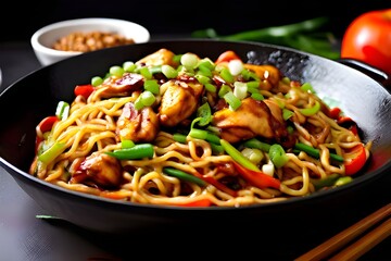 Schezwan noodles with chicken and vegetables in a wok.