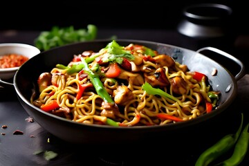 Schezwan noodles with chicken and vegetables in a wok.