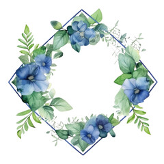 Watercolor floral frame with blue flowers and green leaves on white background. Wedding invitation and springtime concept. Design for greeting card, wedding stationery, and botanical print. AIG35.