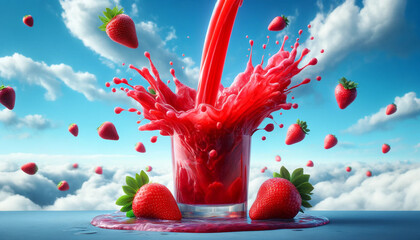Strawberry juice splashing out of a glass against a sky backdrop.
