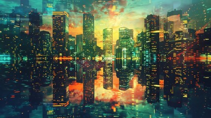 Inverted metropolis, illuminated skyscrapers, dynamic city life, surreal reflections, vibrant evening scene, high contrast