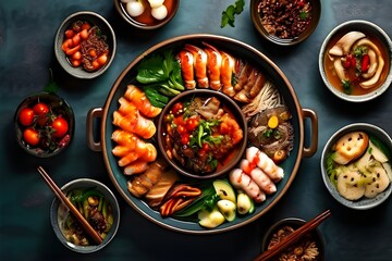 Variety of traditional Chinese dishes. Asian food. Top view, flat lay.