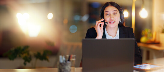 Call center, laptop and woman at night in office for customer service, CRM advisory and sales...