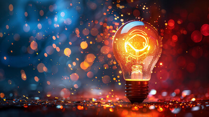 An illuminated or glowing lightbulb on a dark background with data and information analysis. The bulb represents new ideas, innovation, creativity, understanding, knowledge, and inspiration.
