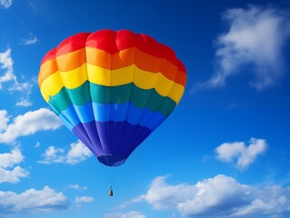 Naklejka premium Colorful hot air balloons flying high in the blue sky with clouds. celebration of pride.