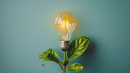 A small tree planted in an energy-saving light bulb in the hands of a young woman, the concept of energy saving, renewable energy and environmentally friendly.