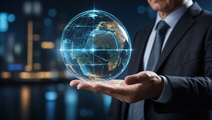 man and hologram globe