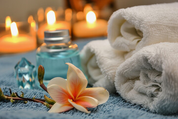 A blue bottle of perfume sits on a table next to a white towel and a flower. Concept of relaxation and tranquility, as the candle