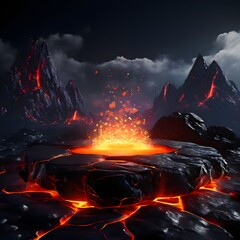 fire lava podium rock volcano background product magma display scene stone floor platform, Ai Generated