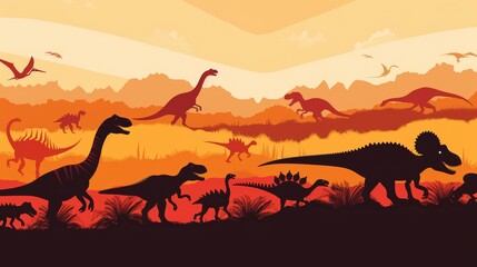 Fototapeta na wymiar Dinosaurs silhouettes layers background banner illustration. 