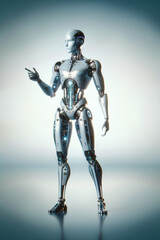 Fototapeta premium Android robot, pose 3. Robot on something indicates the index finger