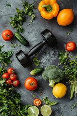 Fresh ingredients and a dumbbell, representing the synergy between healthy food choices and regular exercise for a balanced lifestyle