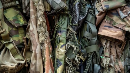 Detailed close-up of a heap of soldiers' attire, different camouflage designs, focus on textures and fabric wear