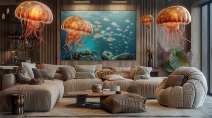 Creative living room setup with jellyfish lamps, chic furniture, and a harmonious blend of textures and colors