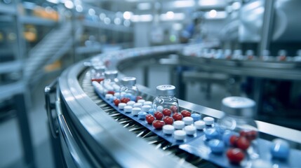 Obraz premium Conveyor belt in pharmaceutical lab carrying pills and medicine bottles, high precision, cleanroom environment, bright and clear lighting