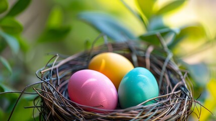 A close-up of brightly colored eggs nestled in a carefully woven birds nest