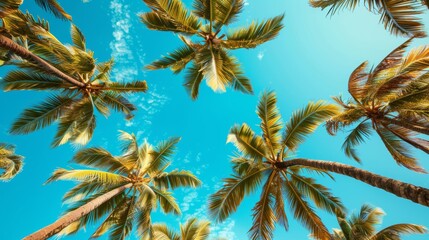 Coconut trees viewed from below, their leaves making a frame around a clear blue sky, showcasing tropical beauty