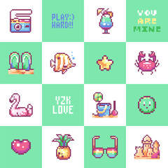 Y2K Pixel Art Summer Beach Icons Pattern