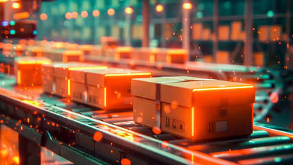 An image of a futuristic automated logistics center with illuminated conveyor belts moving parcels.