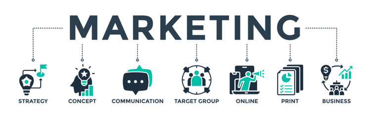 Marketing banner web icon concept with icon of strategy, concept, communication, target group, online, print, and business. Vector illustration