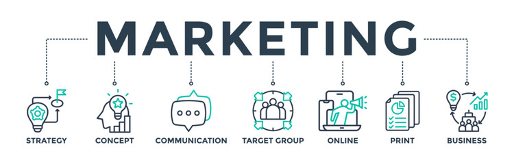 Marketing banner web icon concept with icon of strategy, concept, communication, target group, online, print, and business. Vector illustration