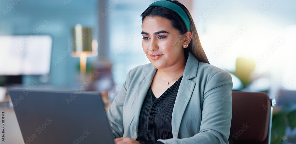 Aufkleber Typing, office and woman with laptop, thinking and problem solving with connection, internet and planning ideas. Research, networking and girl with computer, website admin and consulting with email